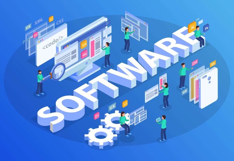 Isometric illustration of a software team building web interfaces, writing code and assembling components