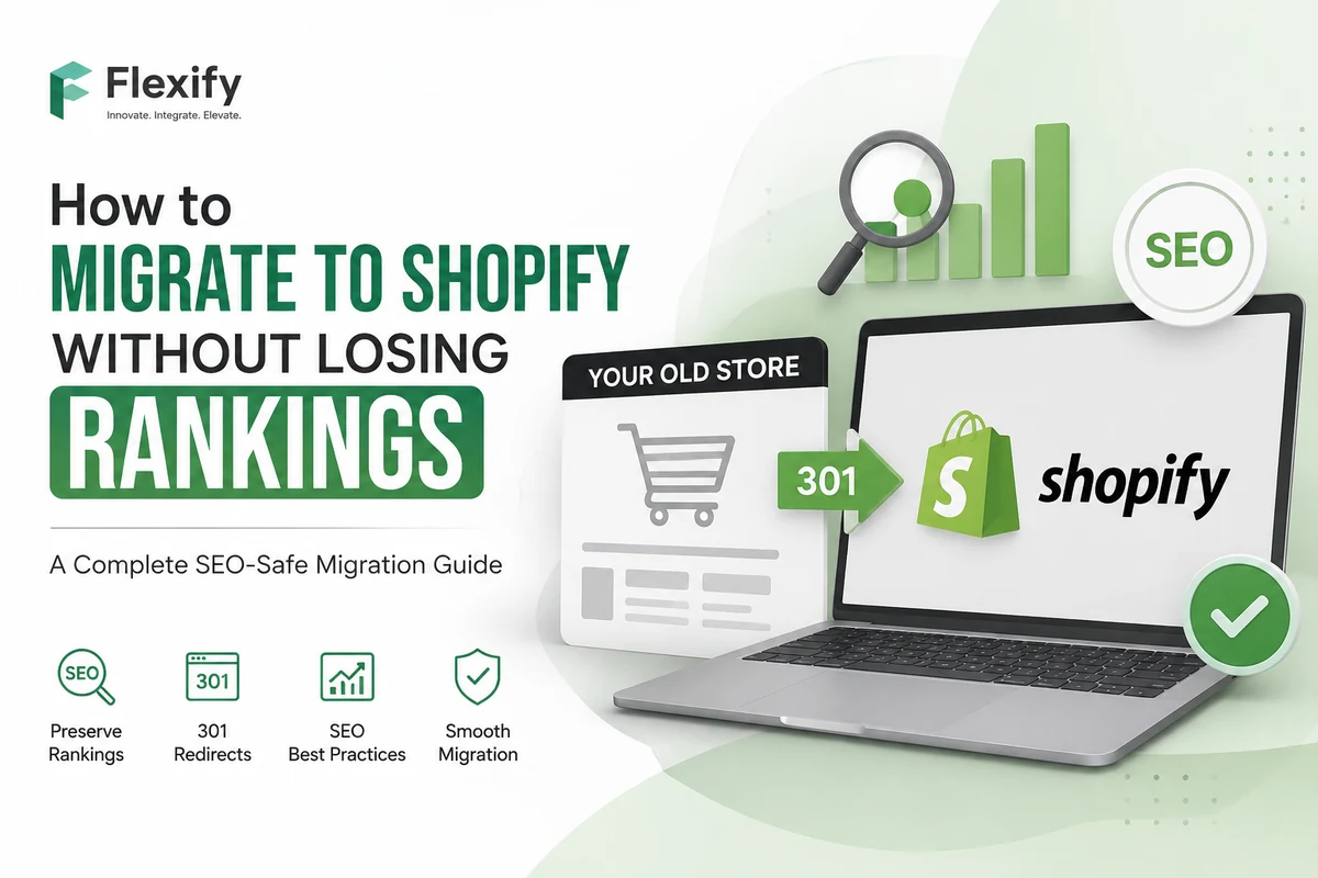 How to migrate to Shopify without losing rankings — an old store redirected to Shopify with a 301, alongside SEO ranking charts
