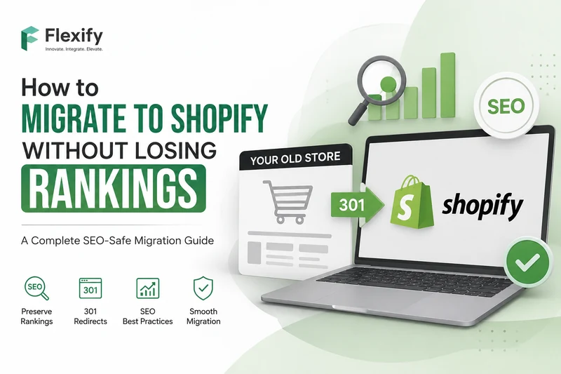 How to migrate to Shopify without losing rankings — an old store redirected to Shopify with a 301, alongside SEO ranking charts