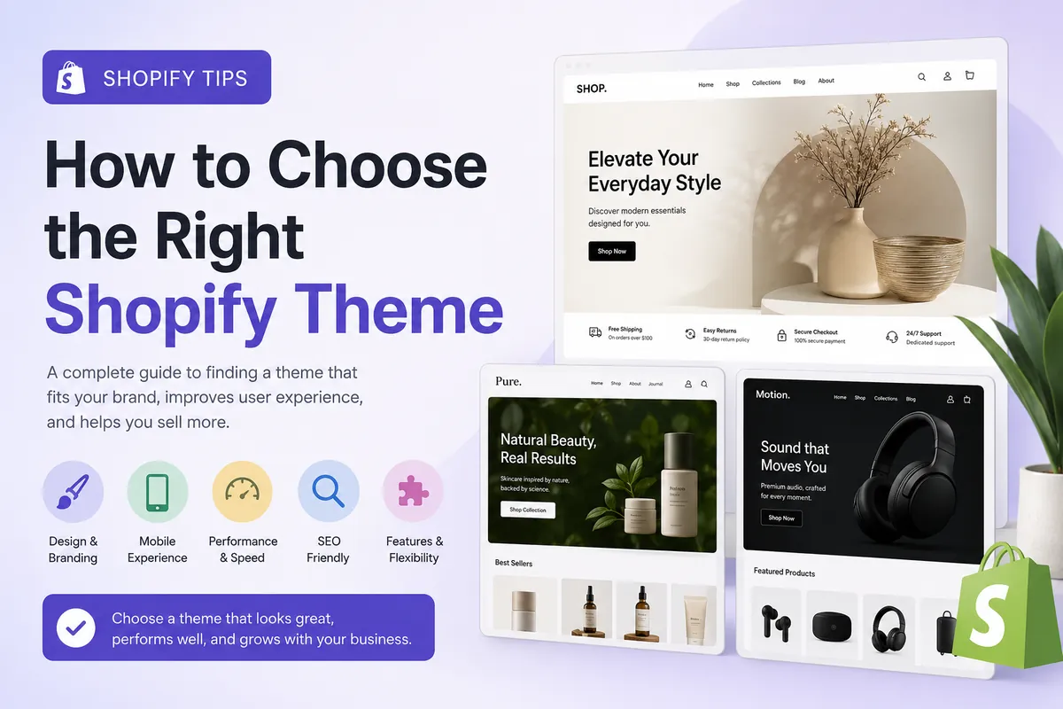 How to choose the right Shopify theme — three storefront designs shown on desktop and tablet