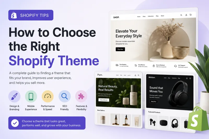 How to choose the right Shopify theme — three storefront designs shown on desktop and tablet