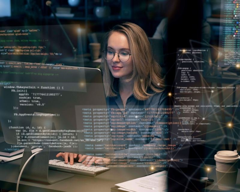 A Flexify developer building a web application, with front-end code and meta tags overlaid on screen
