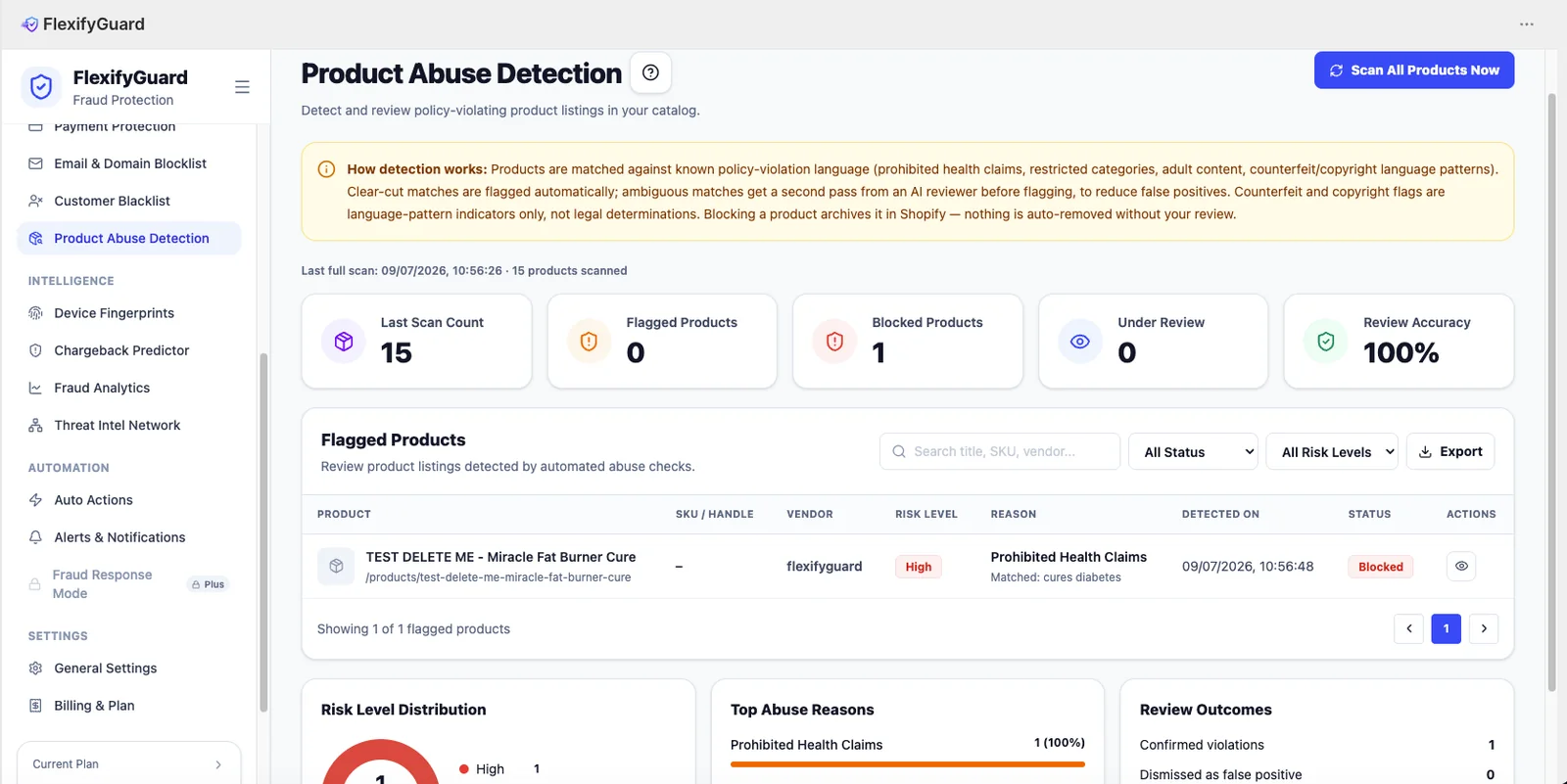 Product Abuse Detection settings panel in the FlexifyPop admin, with a live preview