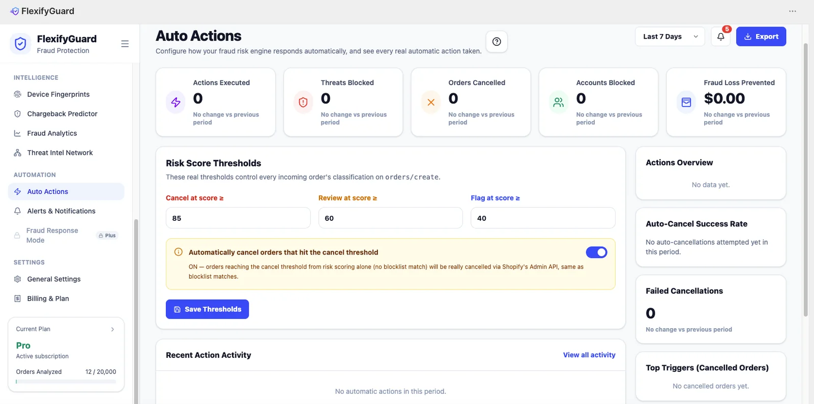 Auto Actions settings panel in the FlexifyPop admin, with a live preview