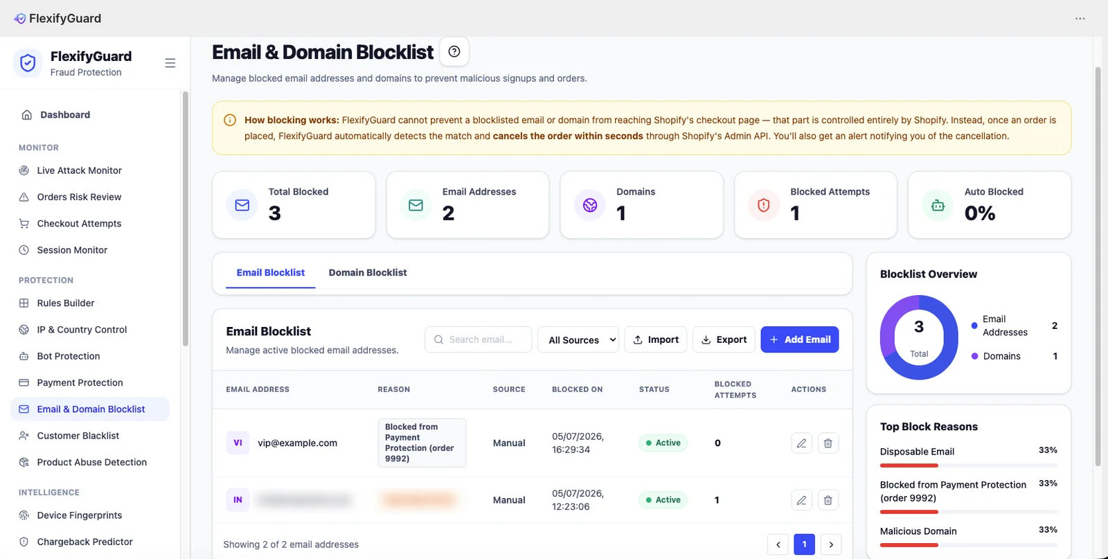 Email & Domain Blocklist settings panel in the FlexifyPop admin, with a live preview