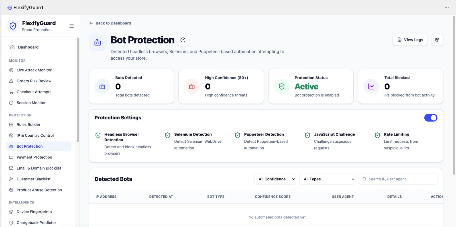 Bot Protection settings panel in the FlexifyPop admin, with a live preview