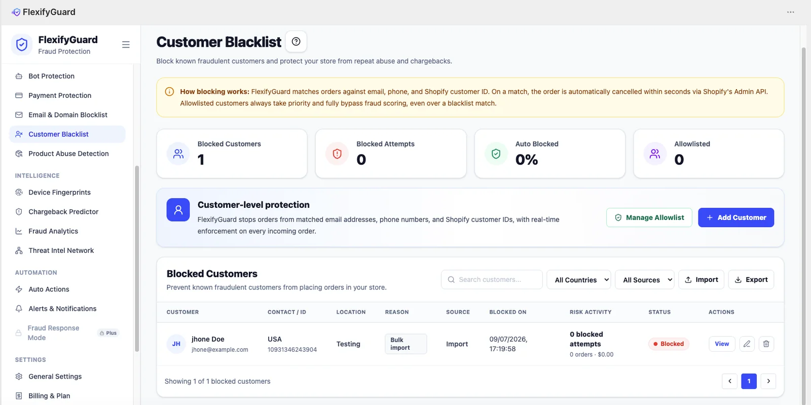 Customer Blacklist settings panel in the FlexifyPop admin, with a live preview