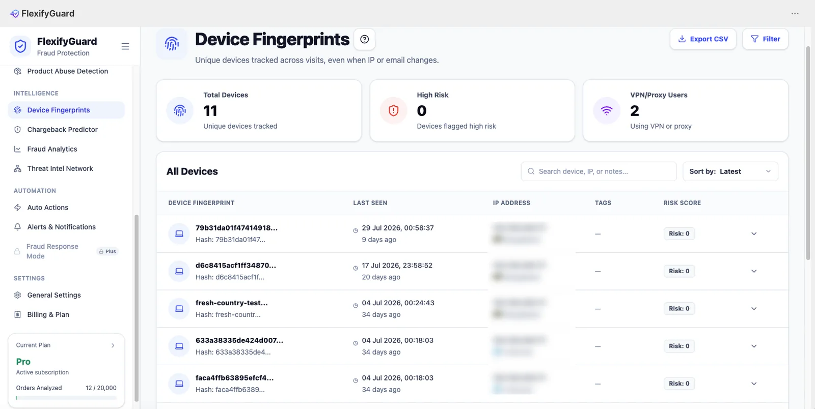 Device Fingerprints settings panel in the FlexifyPop admin, with a live preview