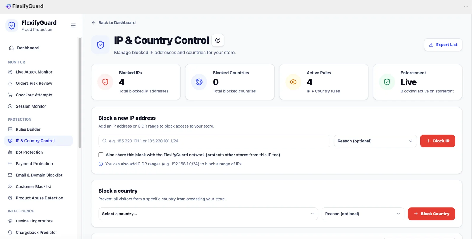 IP & Country Control settings panel in the FlexifyPop admin, with a live preview