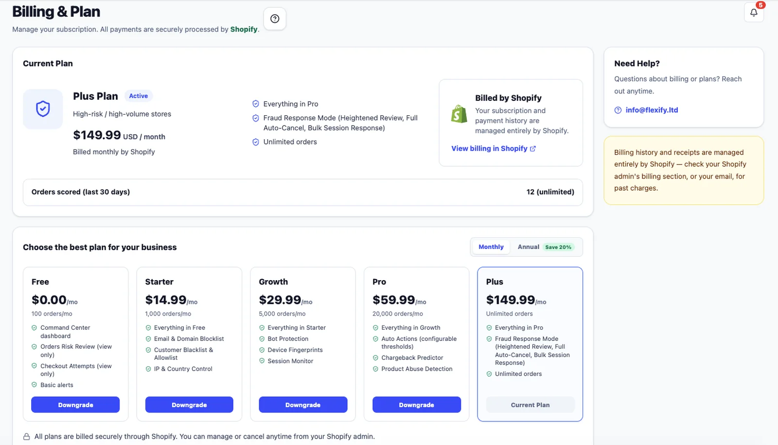 The FlexifyPop plan selection screen inside the Shopify admin, showing all four tiers with monthly and annual billing.