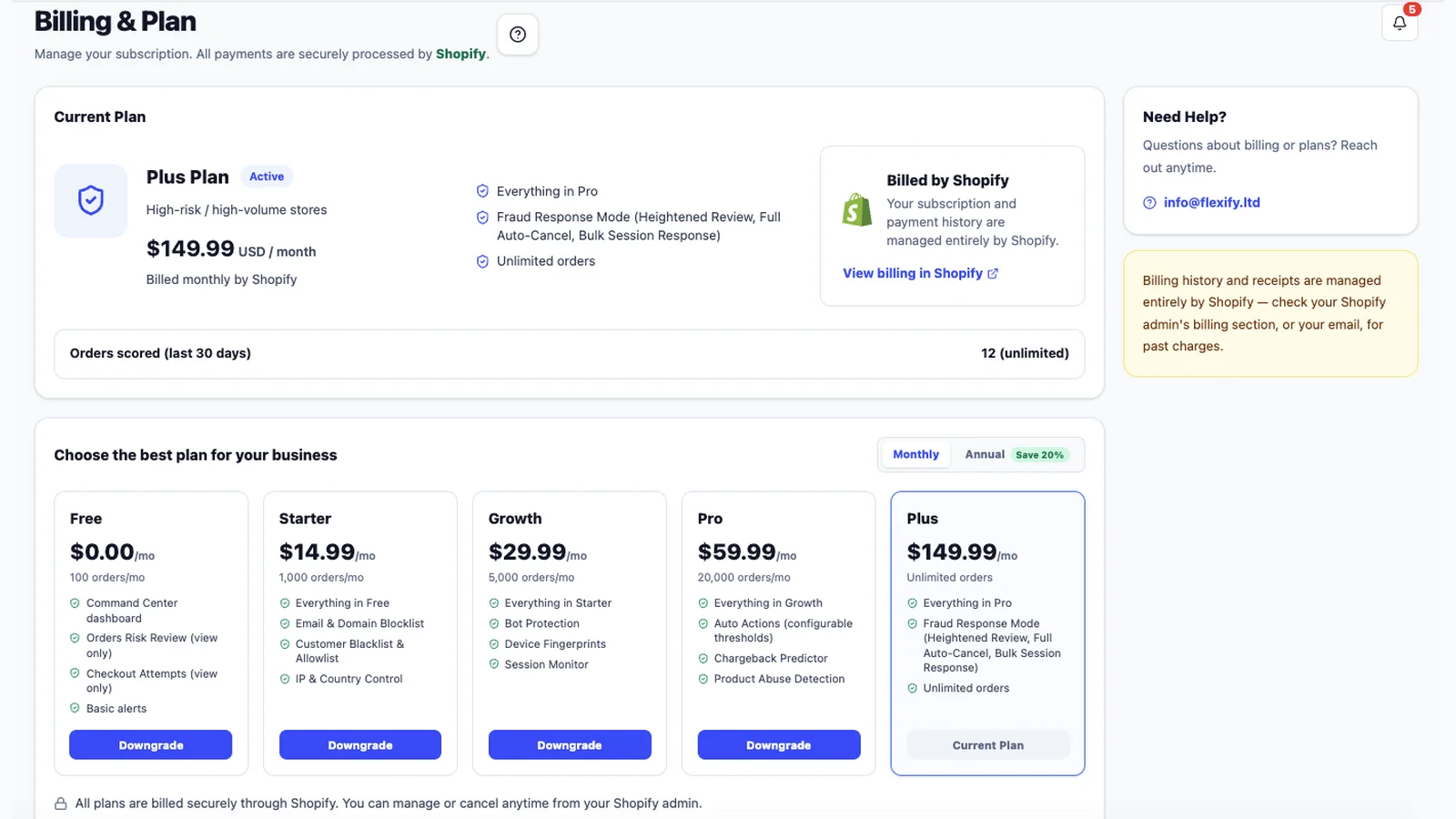 Plans and billing — Five tiers from free to unlimited, billed through Shopify.