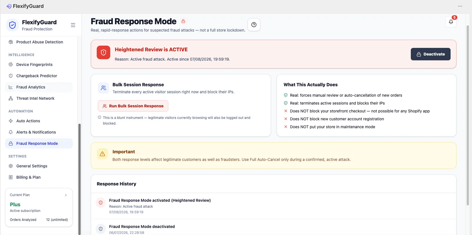 Fraud Response Mode settings panel in the FlexifyPop admin, with a live preview