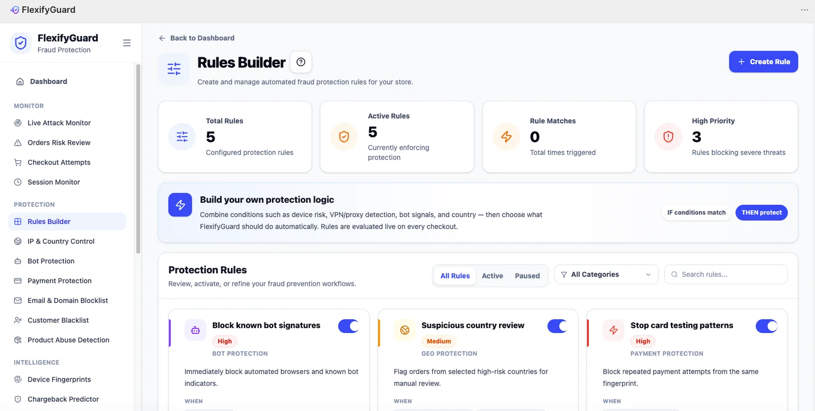 Rules Builder settings panel in the FlexifyPop admin, with a live preview