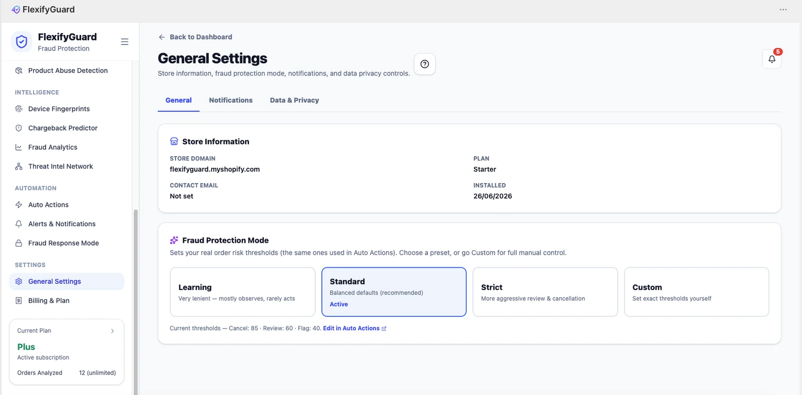 Protection presets settings panel in the FlexifyPop admin, with a live preview