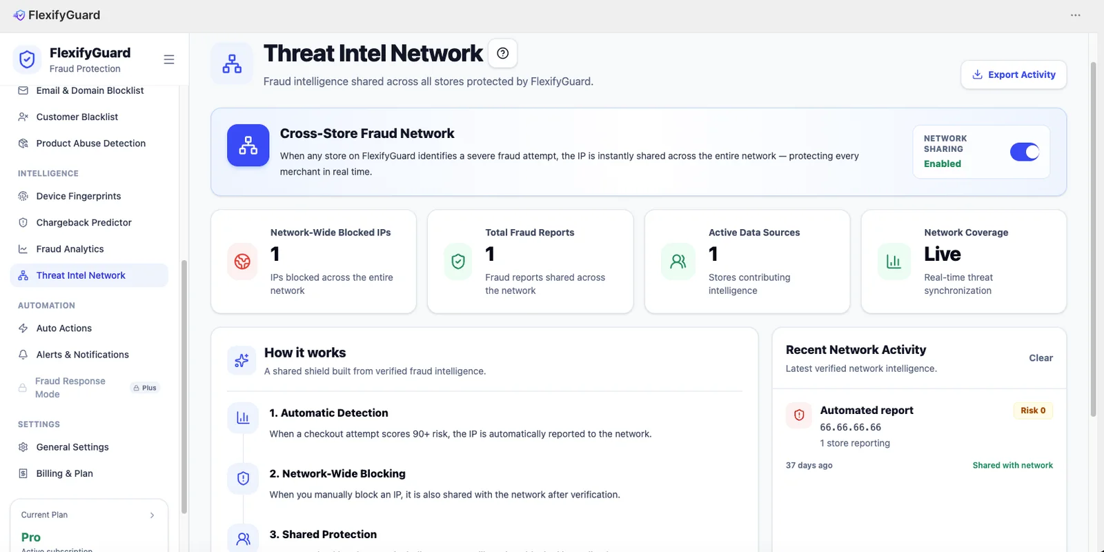 Threat Intel Network settings panel in the FlexifyPop admin, with a live preview