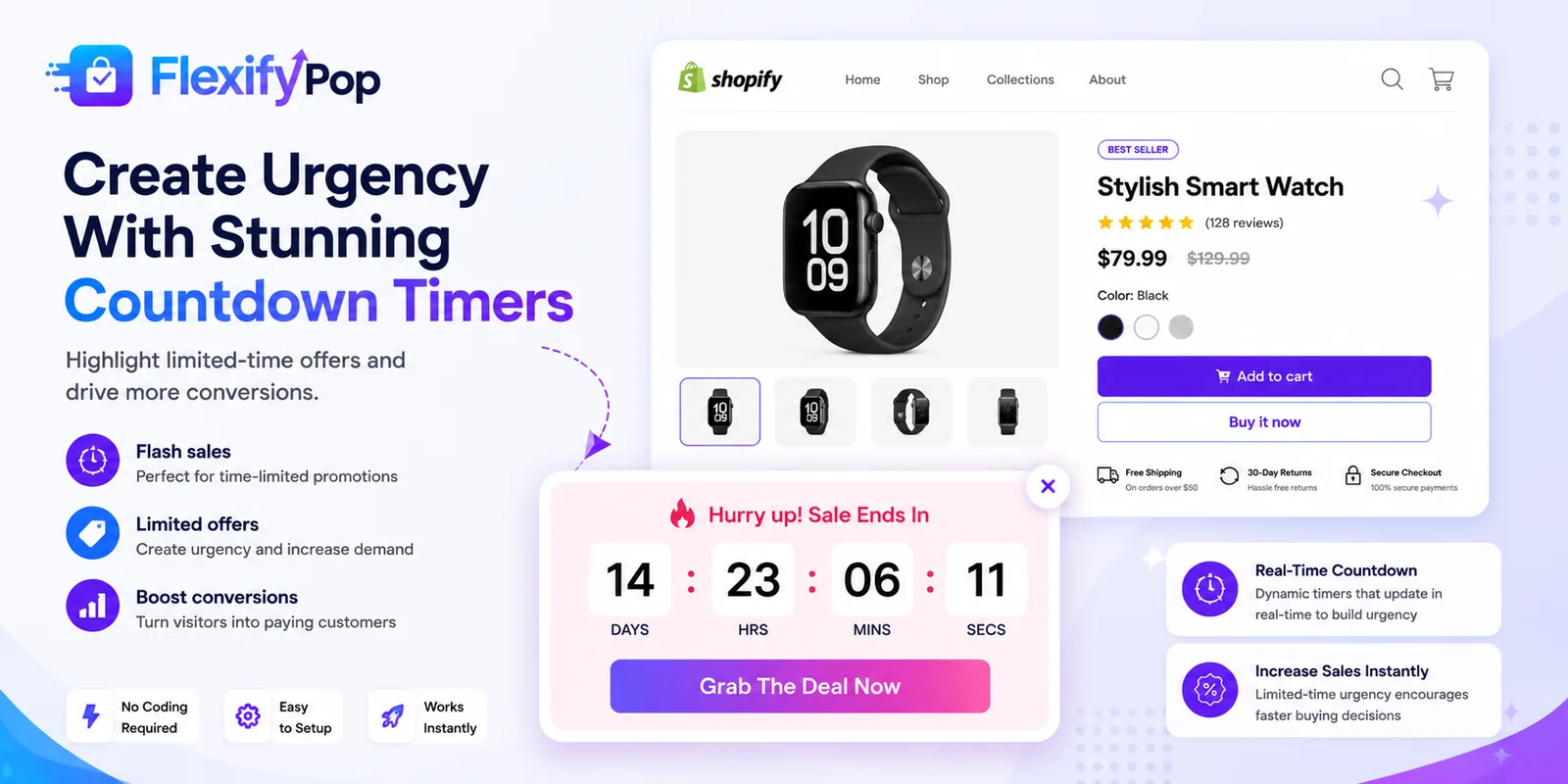 Countdown timers — Days, hours, minutes and seconds on a limited offer, with a call to action beneath.