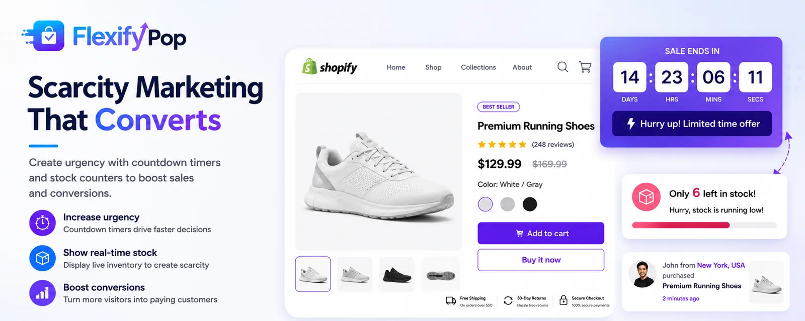 Scarcity marketing — Countdown timer, stock counter and a purchase popup working together on one page.