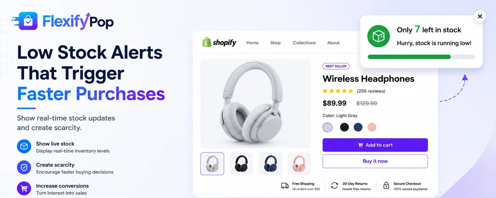 Low stock alerts — Live inventory shown on the product page, so a shopper knows when stock is nearly gone.