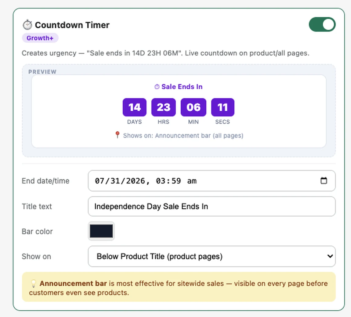 Countdown Timer settings panel in the FlexifyPop admin, with a live preview