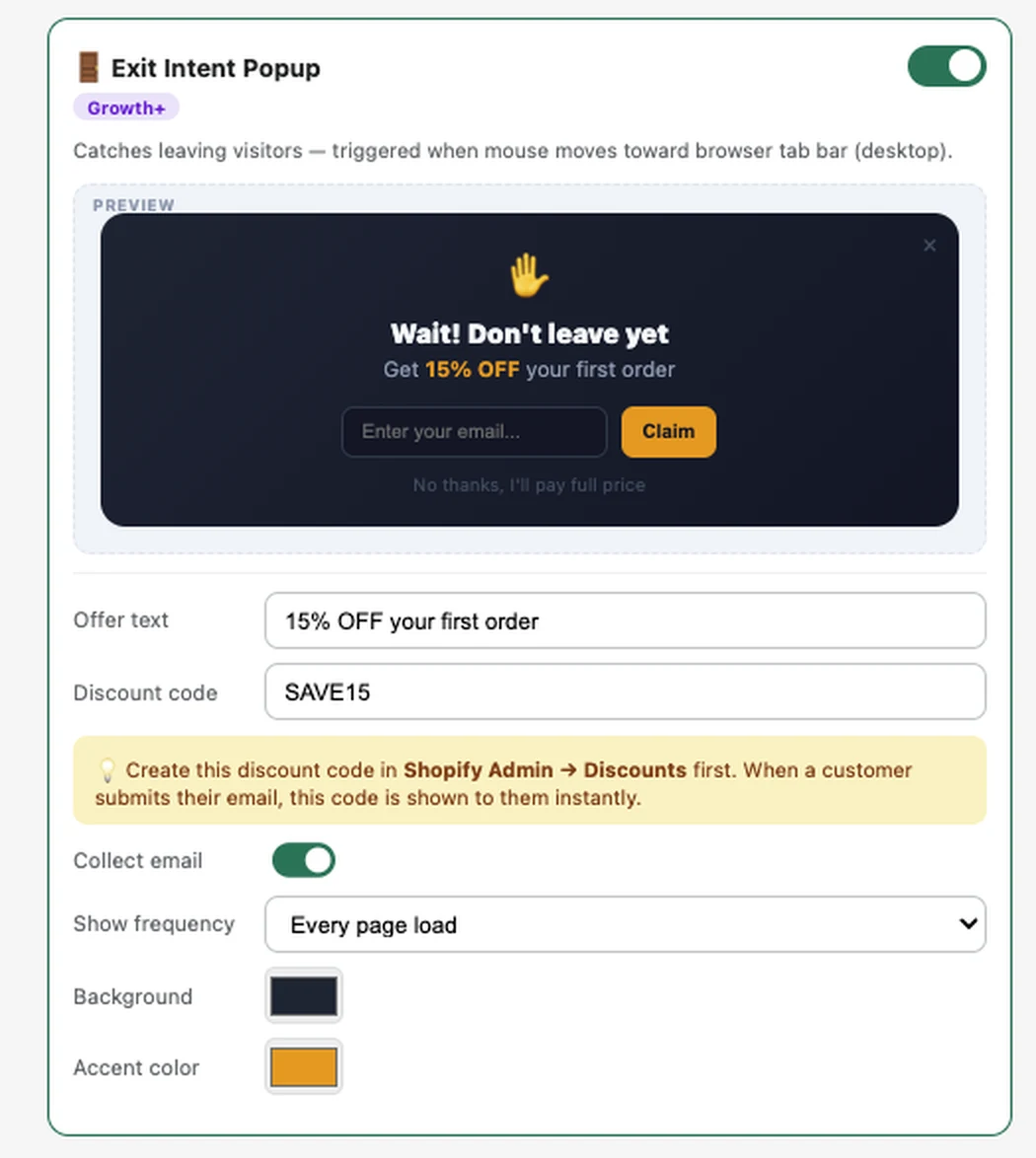 Exit Intent Popup settings panel in the FlexifyPop admin, with a live preview