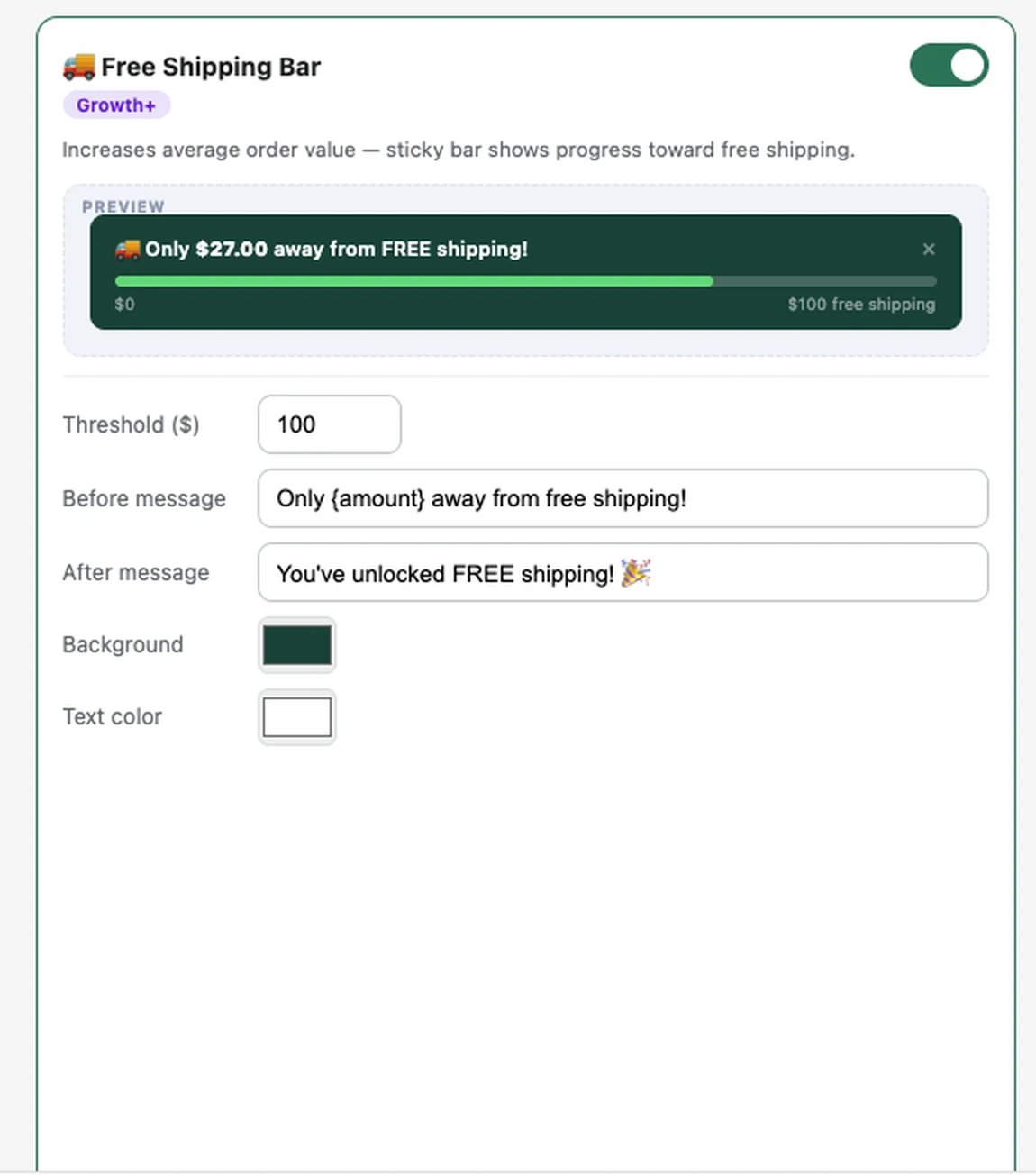 Free Shipping Bar settings panel in the FlexifyPop admin, with a live preview