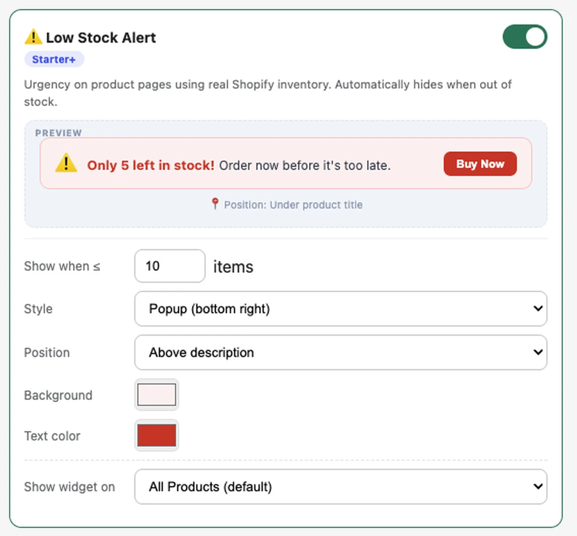 Low Stock Alert settings panel in the FlexifyPop admin, with a live preview
