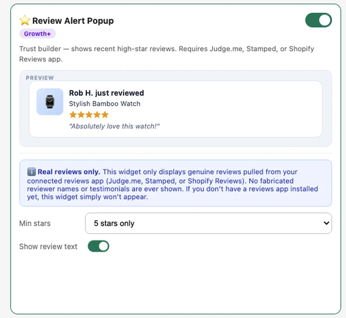 Review Alert Popup settings panel in the FlexifyPop admin, with a live preview