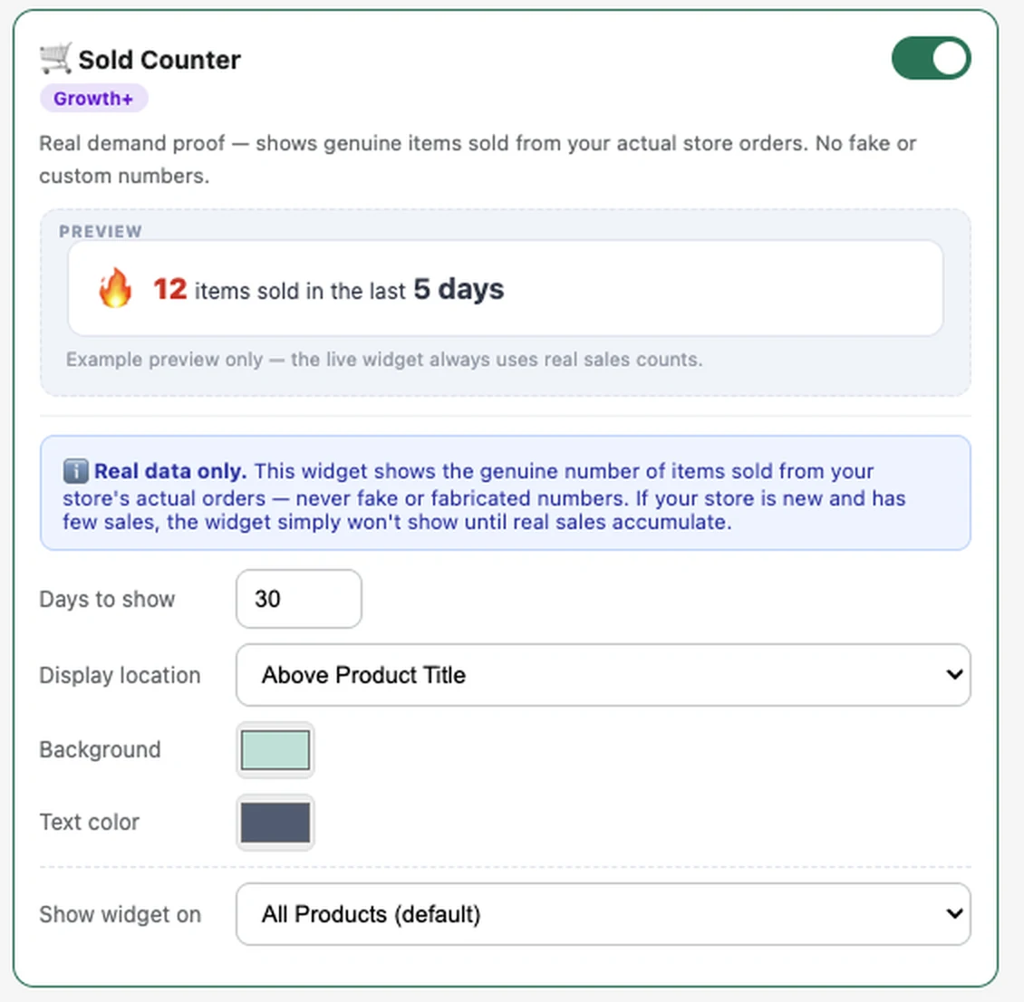 Sold Counter settings panel in the FlexifyPop admin, with a live preview