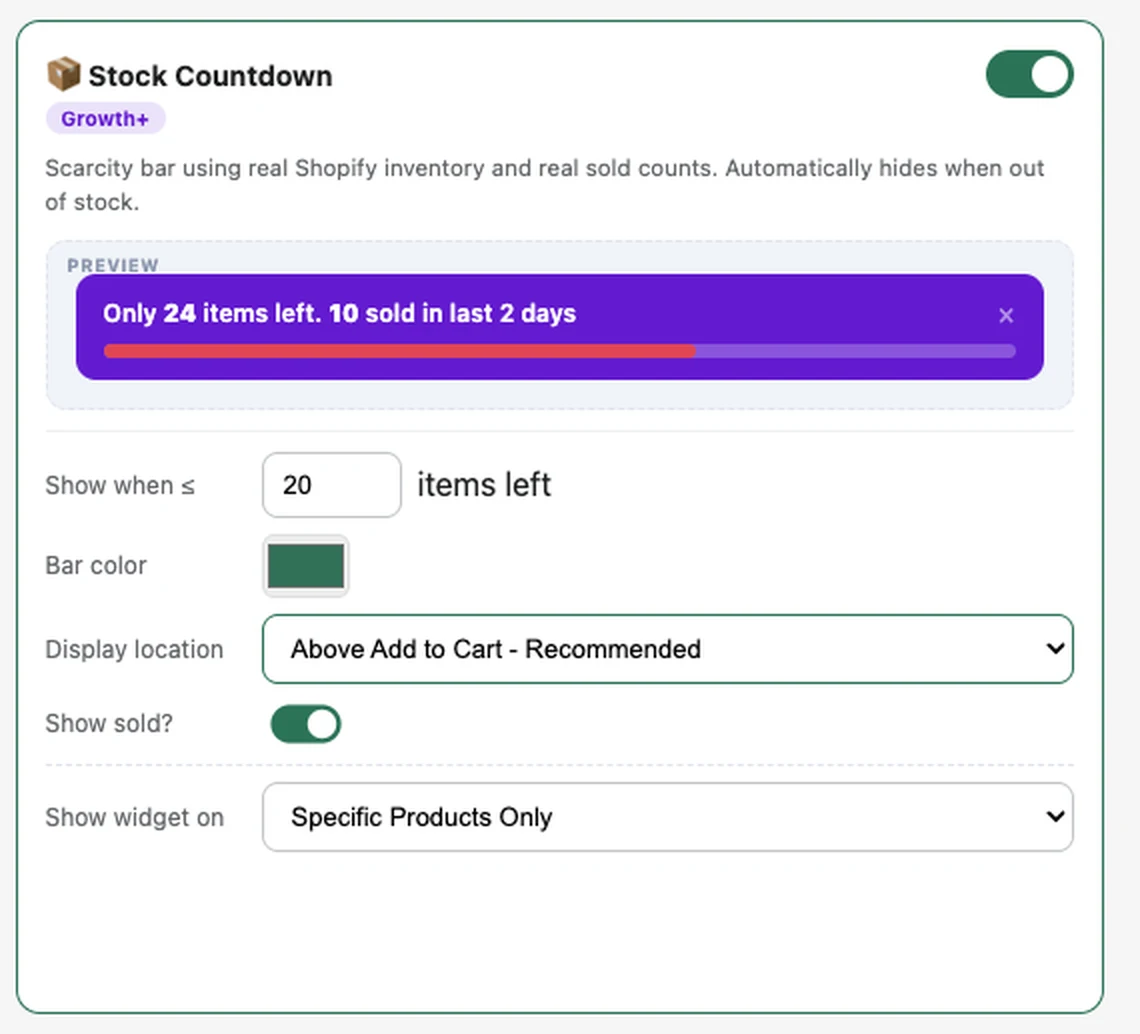 Stock Countdown settings panel in the FlexifyPop admin, with a live preview