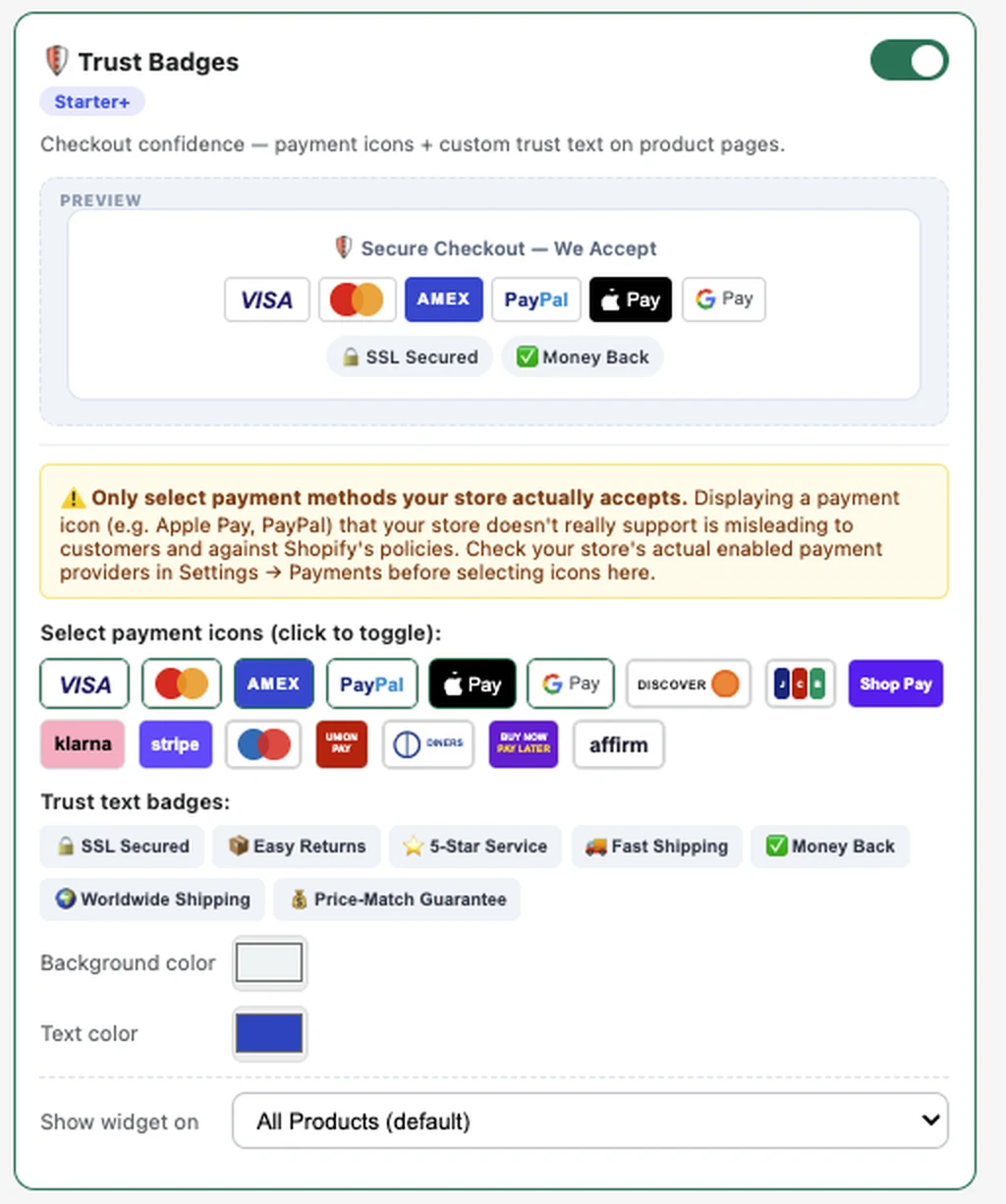 Trust Badges settings panel in the FlexifyPop admin, with a live preview