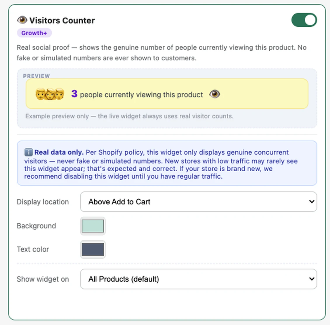 Visitors Counter settings panel in the FlexifyPop admin, with a live preview