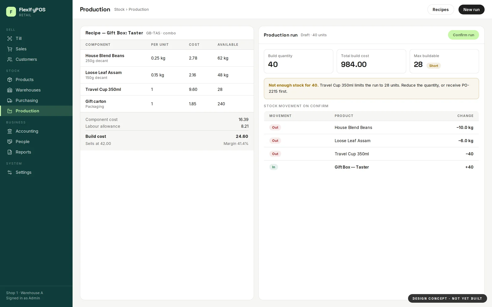 Production — design concept for FlexifyPOS. A recipe rolling up to a build cost, and a run that tells you which component is limiting it.