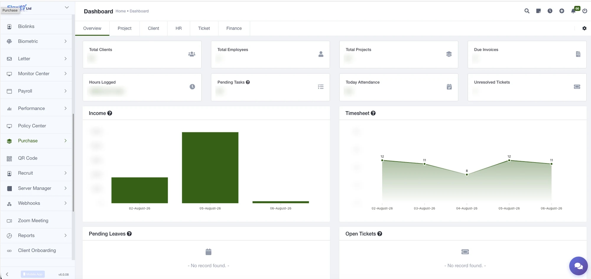 The FlexifySuite sidebar expanded, listing modules including Payroll, Performance, Purchase, Recruit, Webhooks and Reports.