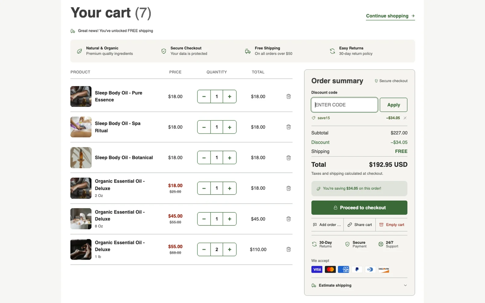 Neroli Shopify theme — Cart page. Trust strip, discount code, savings banner, payment icons and an order summary that reassures at the last step.