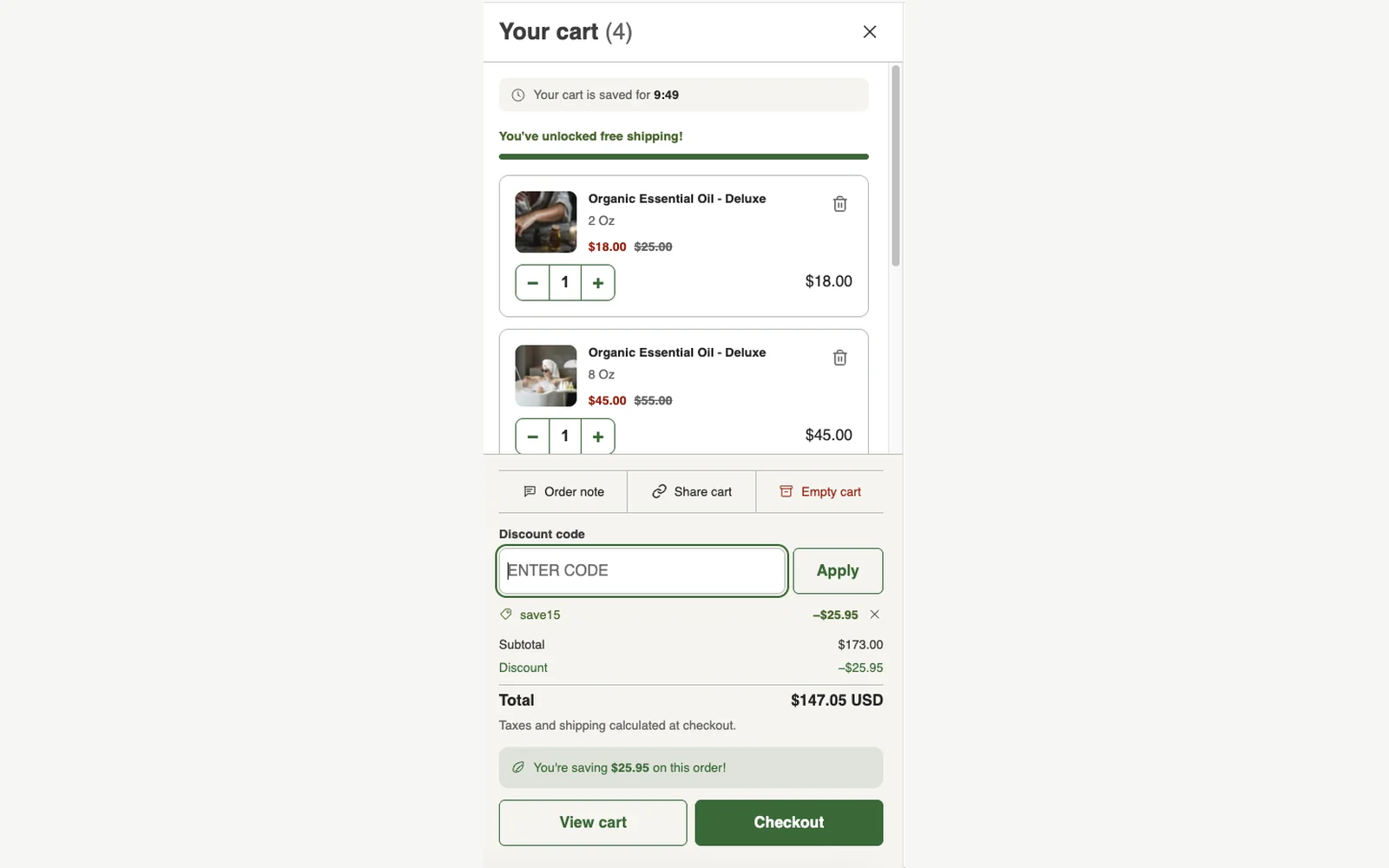 Neroli Shopify theme — Cart drawer. The drawer and the cart page share one codebase, so behaviour never diverges between them.