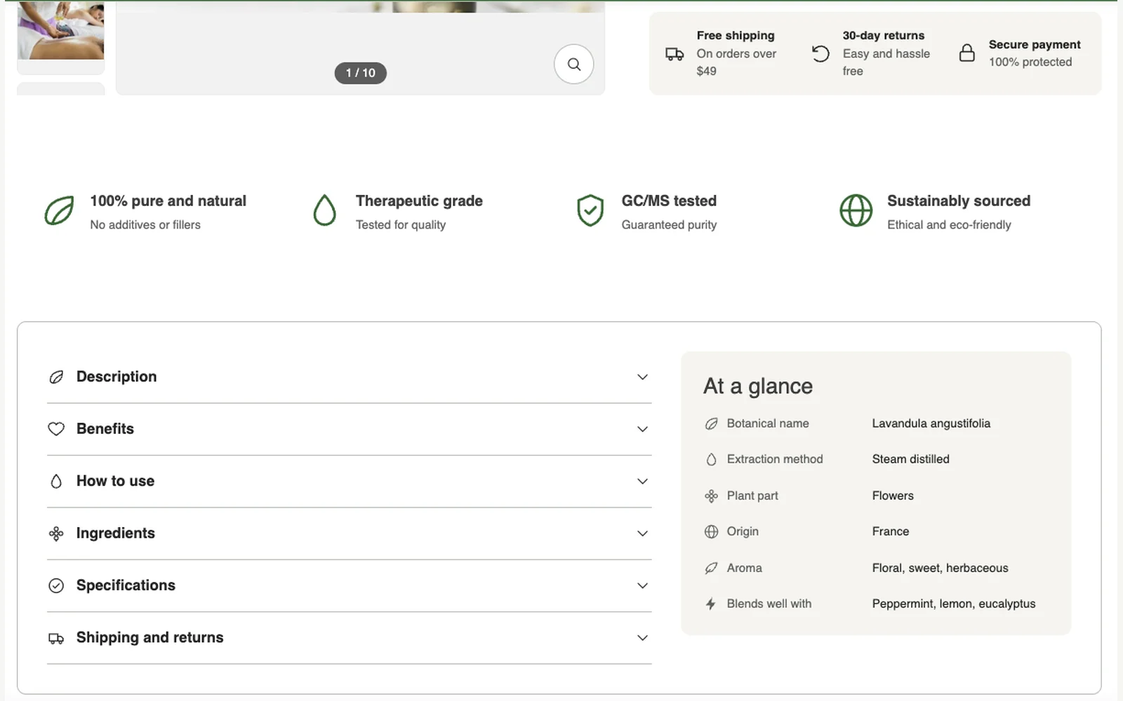 Neroli Shopify theme — Product detail. Content panels as accordions beside an At a glance specification card driven by metafields.