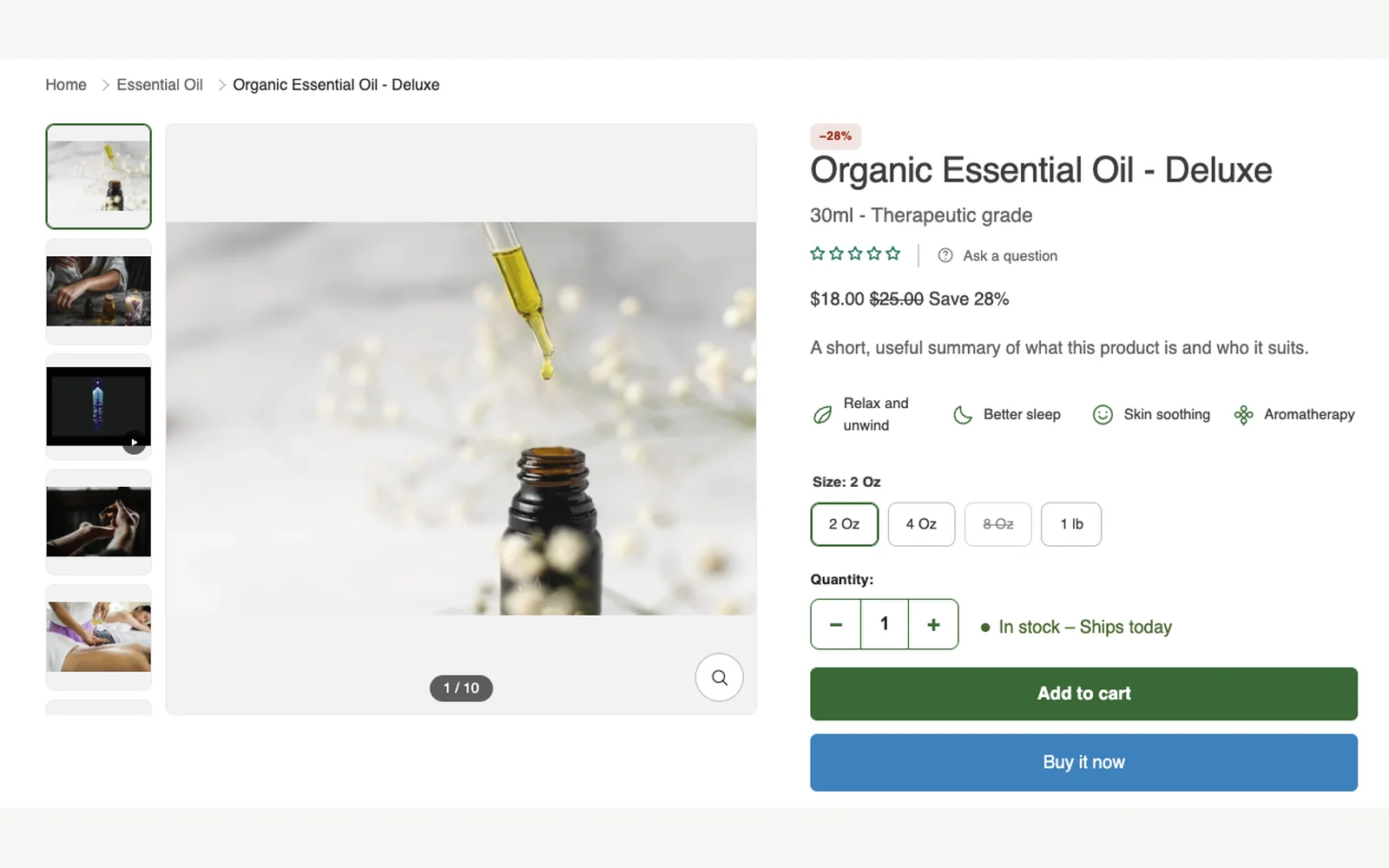 Neroli Shopify theme — Product page. Badges, benefit icons, variant picker and stock status, with "Ask a question" beside the price.
